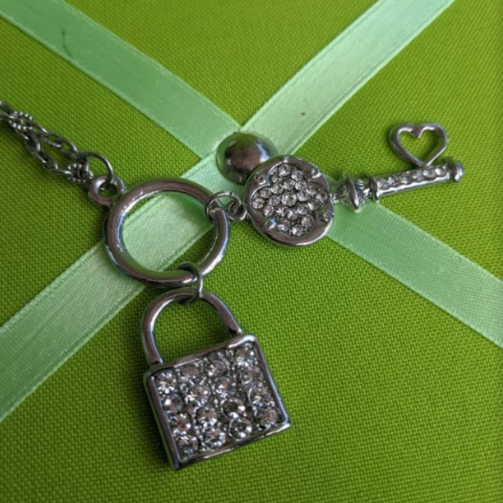 Pave Lock and Key Silver Tone Necklace